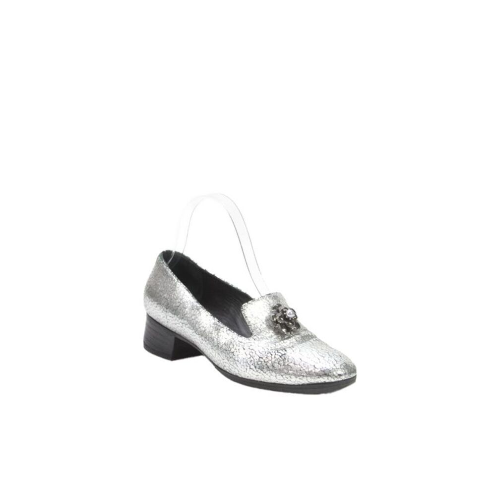 Chanel Womens Metallic Leather Slip On Loafers Heels Silver Size 8